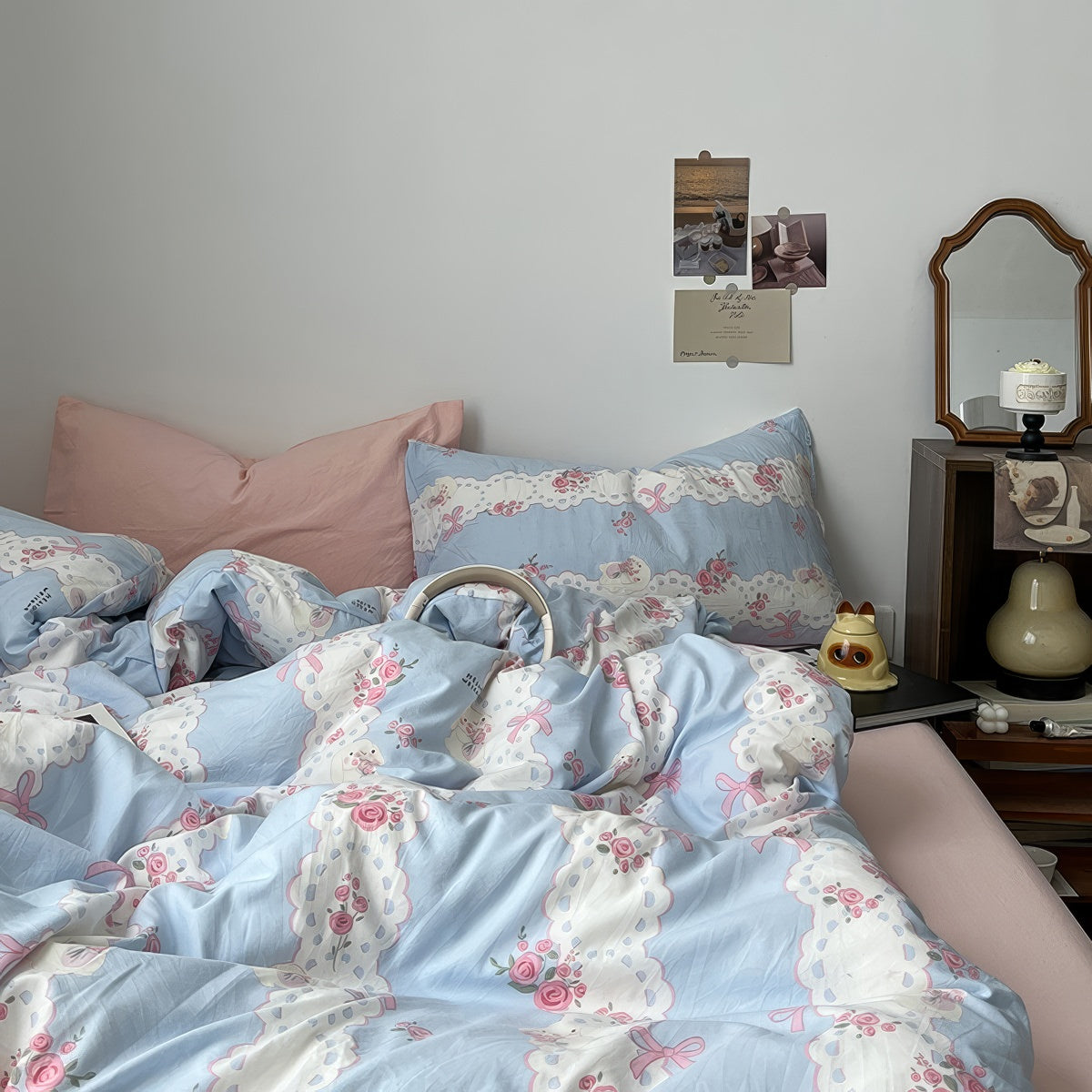 Romantic Blue & Pink Floral Lace Bedding Set — Soft-Touch Cotton Duvet & Pillowcases — Lifestyle 3