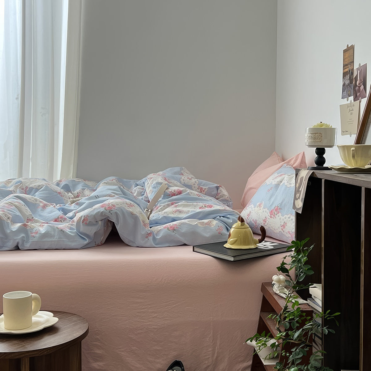 Romantic Blue & Pink Floral Lace Bedding Set — Soft-Touch Cotton Duvet & Pillowcases — Lifestyle 1
