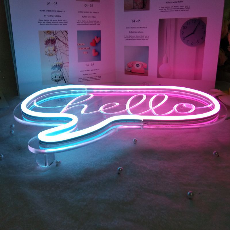 Pink/Blue Hello Neon Sign — Warm LED Mood Lighting for Bedside — Lifestyle 1