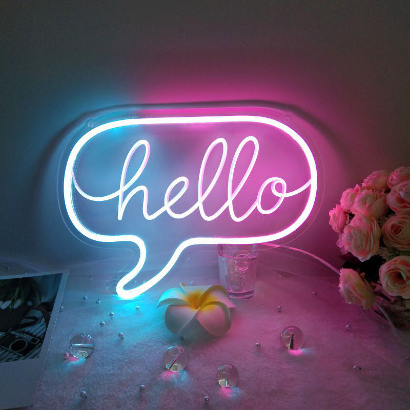 Pink/Blue Hello Neon Sign — Warm LED Mood Lighting for Bedside — Front view