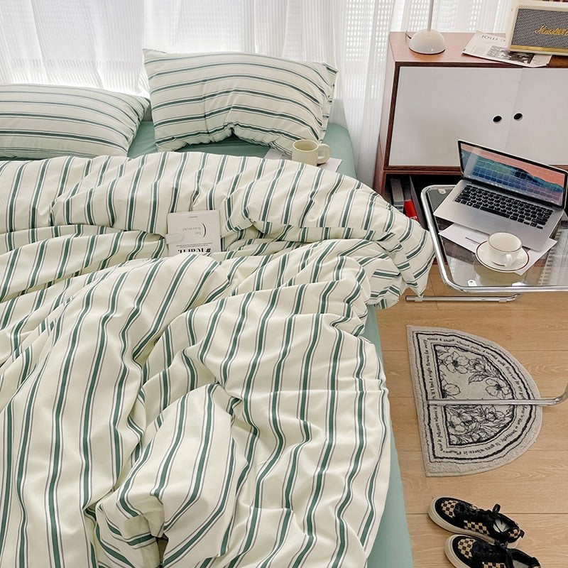 Minimalist Green Striped Sage Bedding Set — Soft-Touch Cotton Duvet & Pillowcases — Front view
