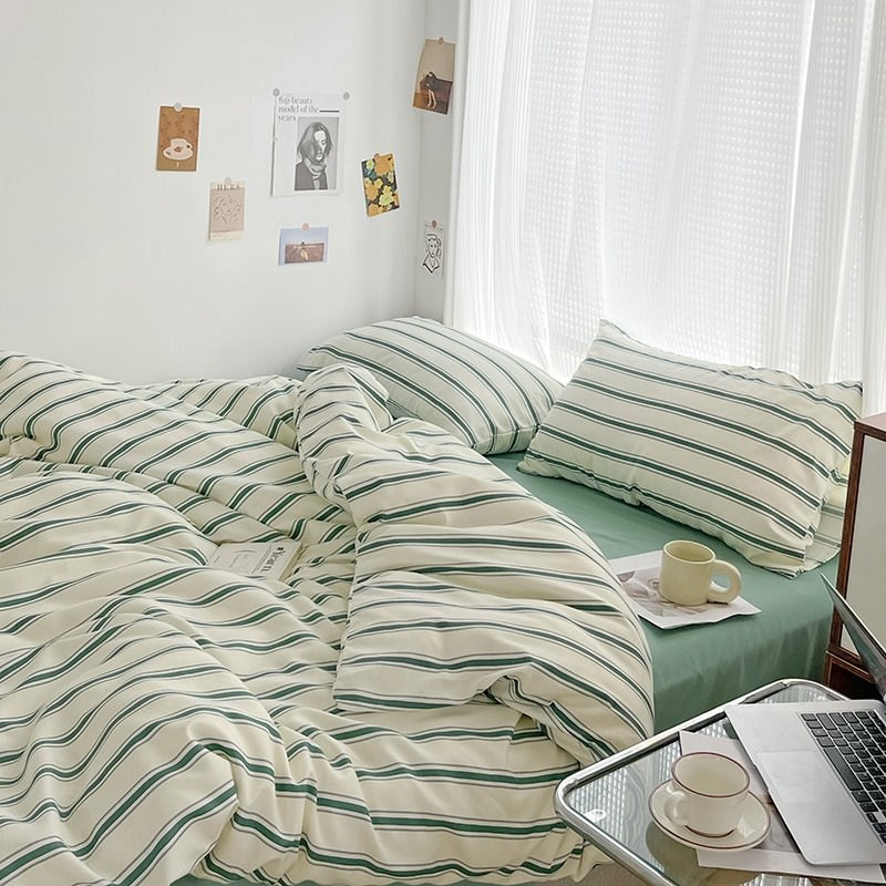 Minimalist Green Striped Sage Bedding Set — Soft-Touch Cotton Duvet & Pillowcases — Lifestyle 1