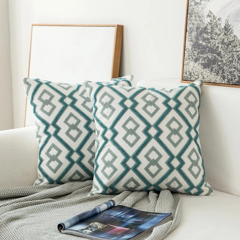 Sage Green Patterns Cushion Cover — Soft Textured Pillow for Bedroom Layering — Lifestyle 1