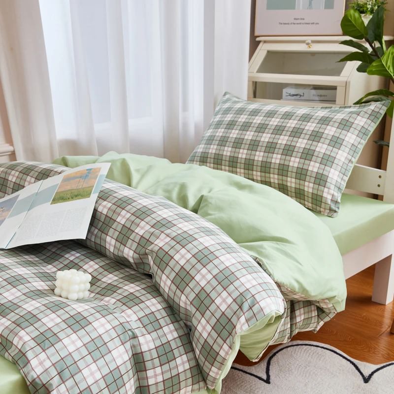 Sage Green Plaid Dorm Bedding Set — Soft-Touch Cotton Duvet & Pillowcases — Lifestyle 3