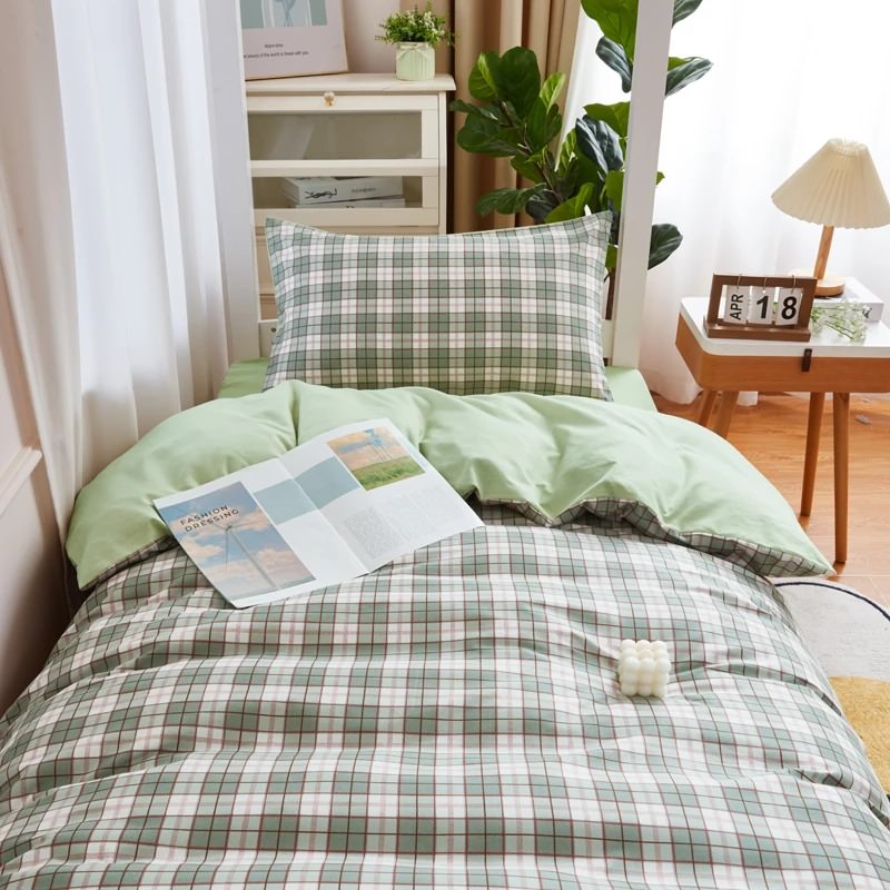 Sage Green Plaid Dorm Bedding Set — Soft-Touch Cotton Duvet & Pillowcases — Lifestyle 4