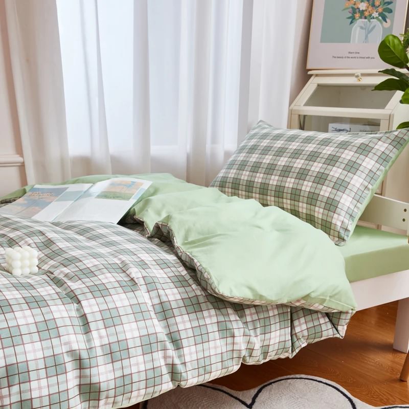 Sage Green Plaid Dorm Bedding Set — Soft-Touch Cotton Duvet & Pillowcases — Lifestyle 5