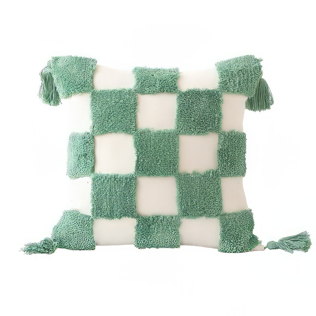 Sage Green Checkered Tufted Cushion Cover — Soft Grid Texture for Calm Bedroom Layers — Front view
