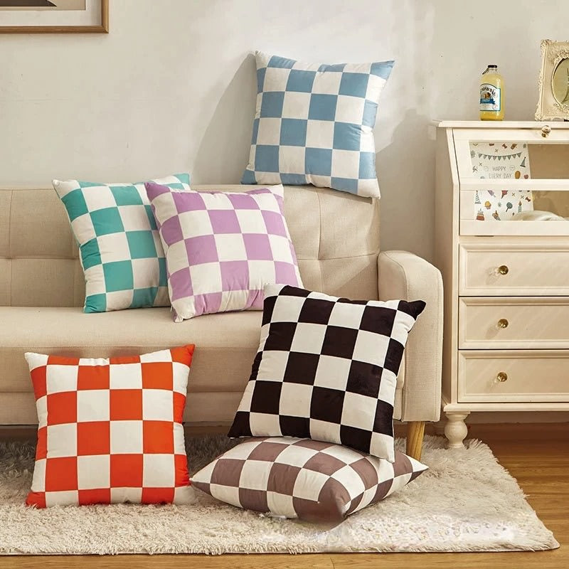Checkered Cushion Cover — Soft Textured Pillow for Bedroom Layering — Front view
