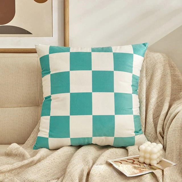 Checkered Cushion Cover — Soft Textured Pillow for Bedroom Layering — Lifestyle 3