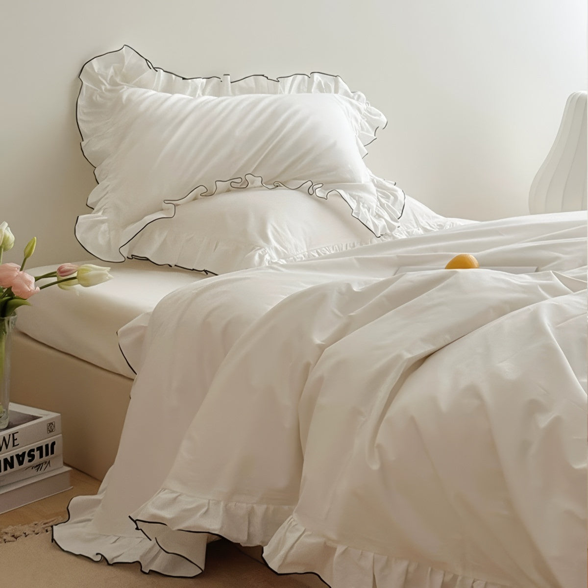 Simple White Ruffle Edge Bedding Set — Soft-Touch Cotton Duvet & Pillowcases — Front view