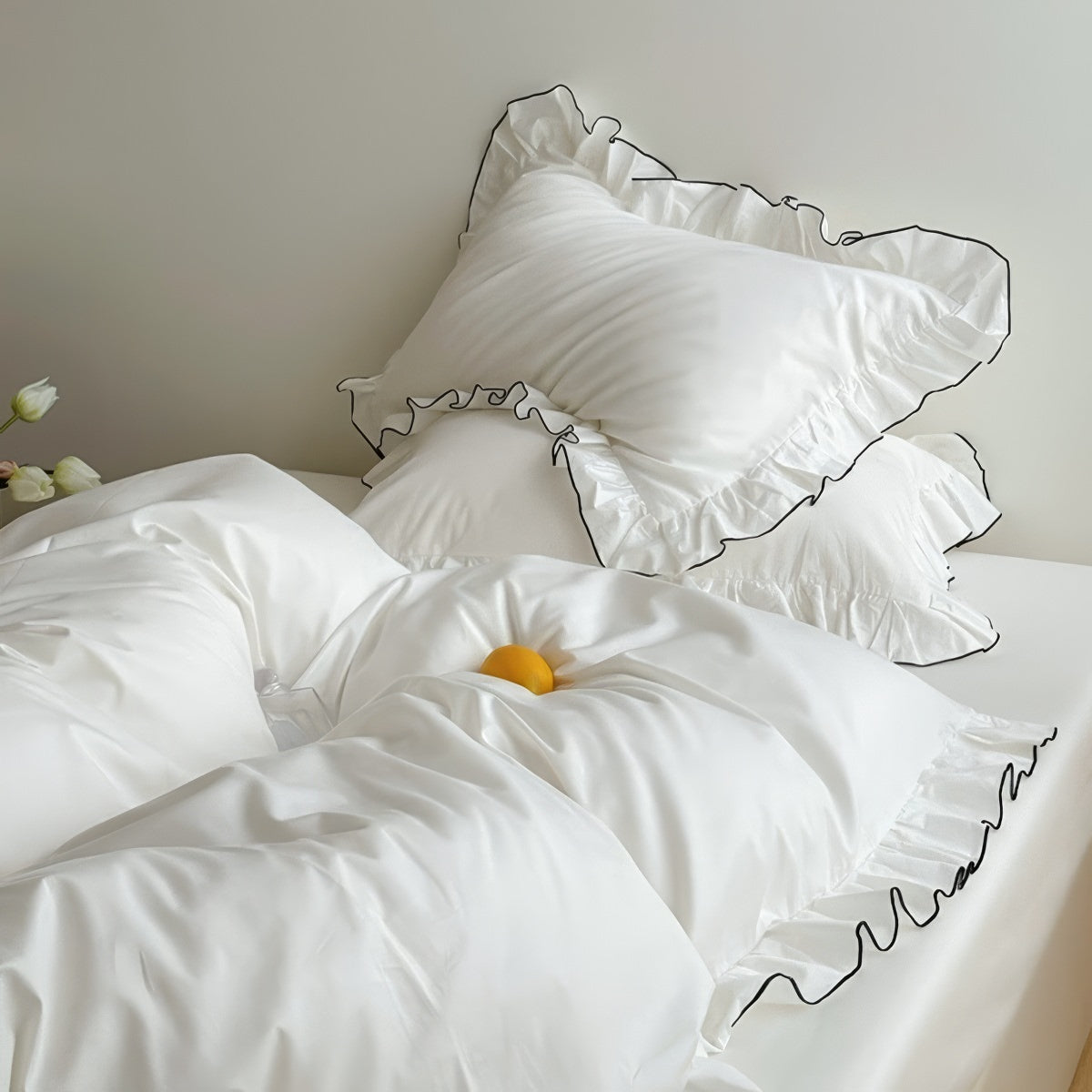 Simple White Ruffle Edge Bedding Set — Soft-Touch Cotton Duvet & Pillowcases — Lifestyle 2