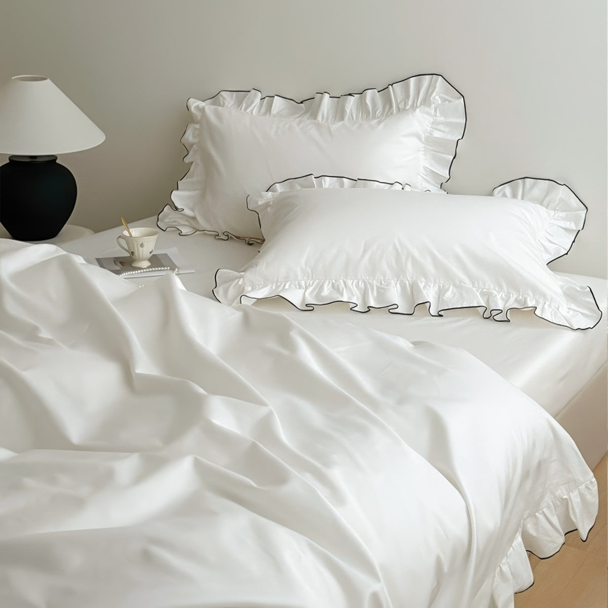 Simple White Ruffle Edge Bedding Set — Soft-Touch Cotton Duvet & Pillowcases — Lifestyle 3