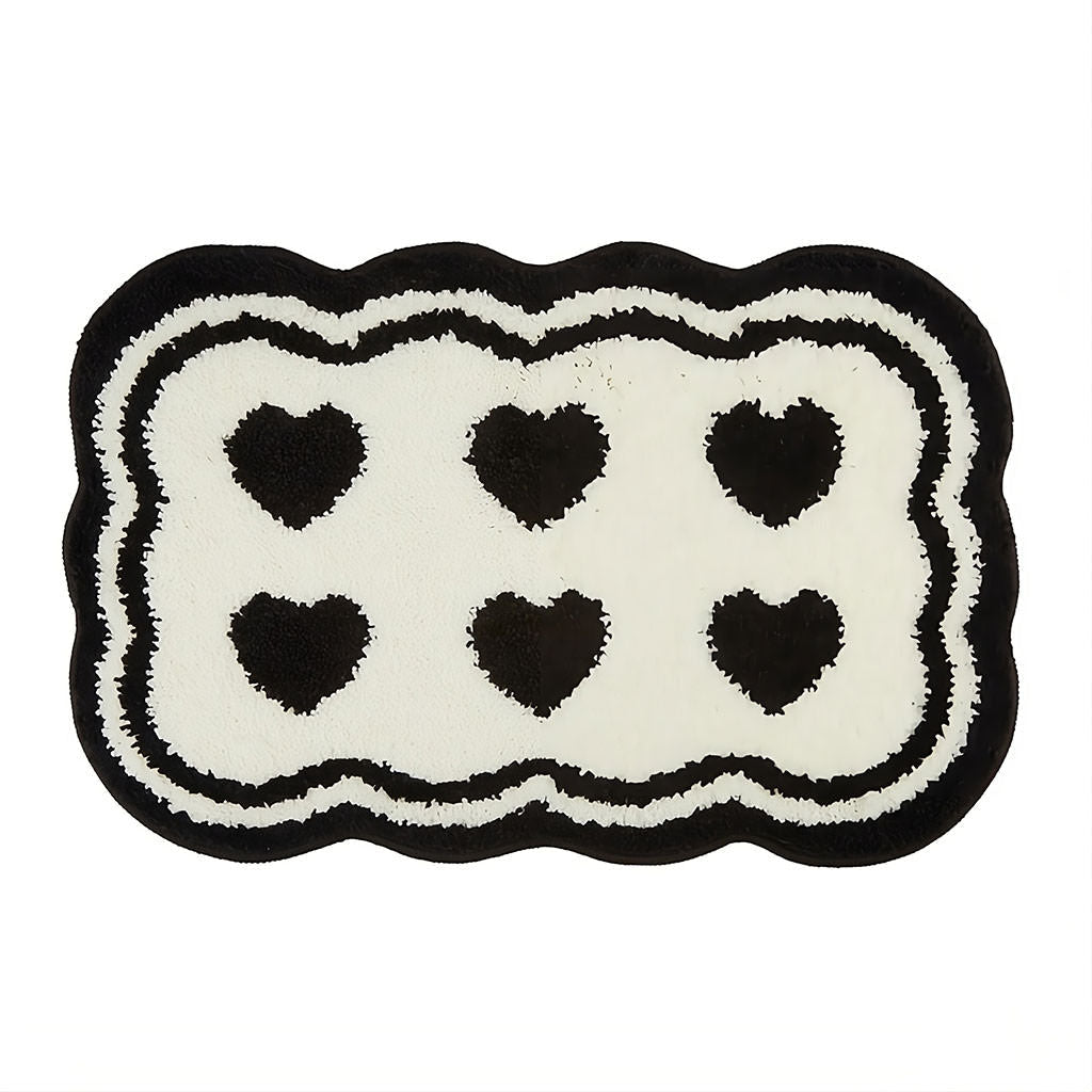 Six Hearts Black & White Tufted Rug — Soft Accent Rug for Bedroom Layering — Front view