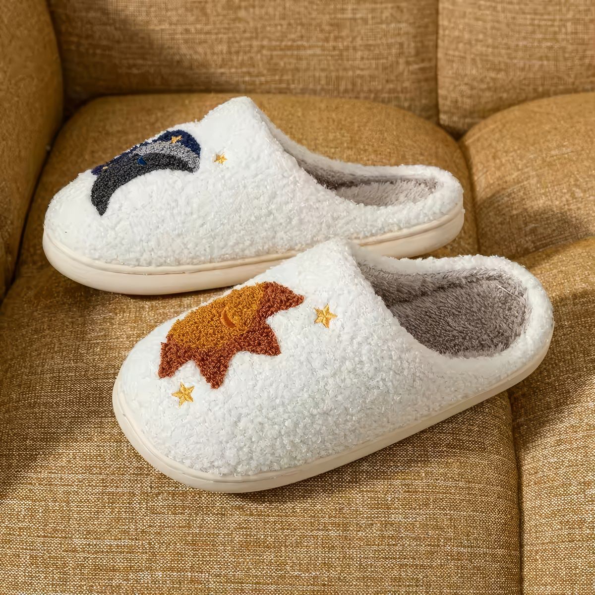 Sun & Moon Slippers — Soft Plush House Slippers for Indoor Lounging — Lifestyle 4