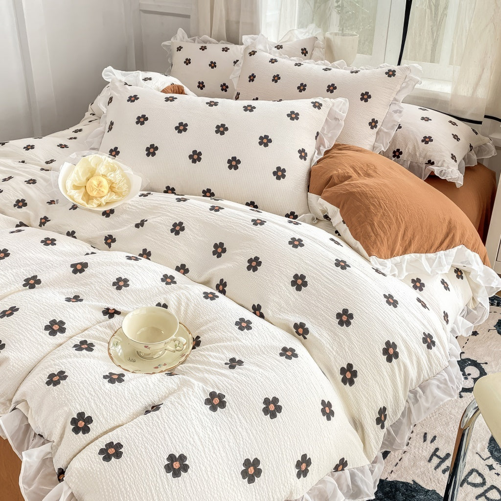 Spring Flowers Print Lace Bedding Set — Soft-Touch Cotton Duvet & Pillowcases — Front view