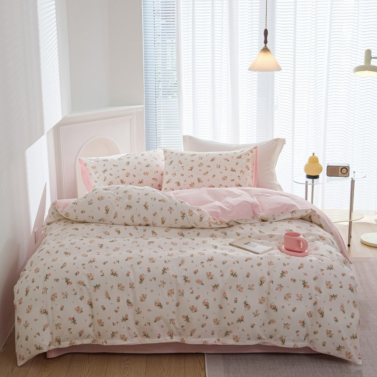 Spring Roses Pale Pink Bedding Set — Soft-Touch Cotton Duvet & Pillowcases — Lifestyle 1