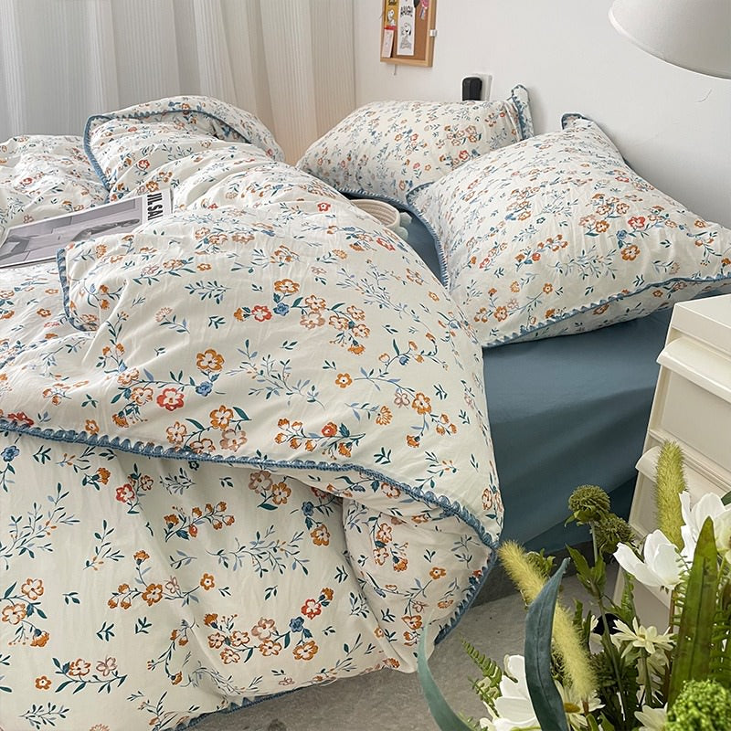 Stitched Edge Blue Wildflowers Bedding Set — Soft-Touch Cotton Duvet & Pillowcases — Front view