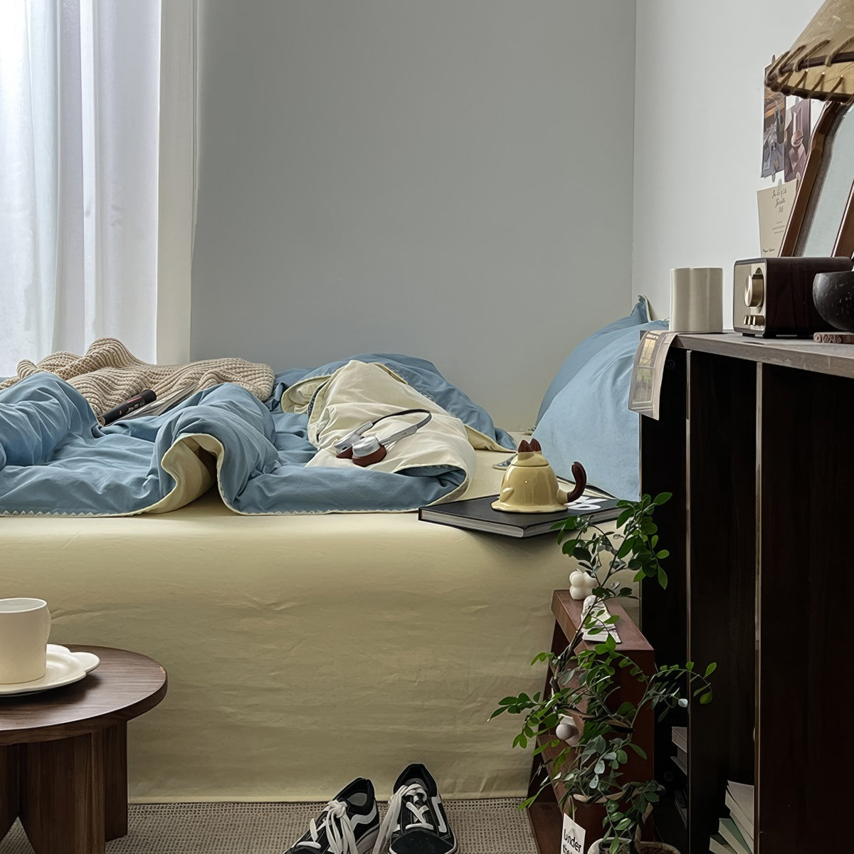 Stitched Edge Sage Blue Minimalist Bedding Set — Soft-Touch Cotton Duvet & Pillowcases — Lifestyle 2