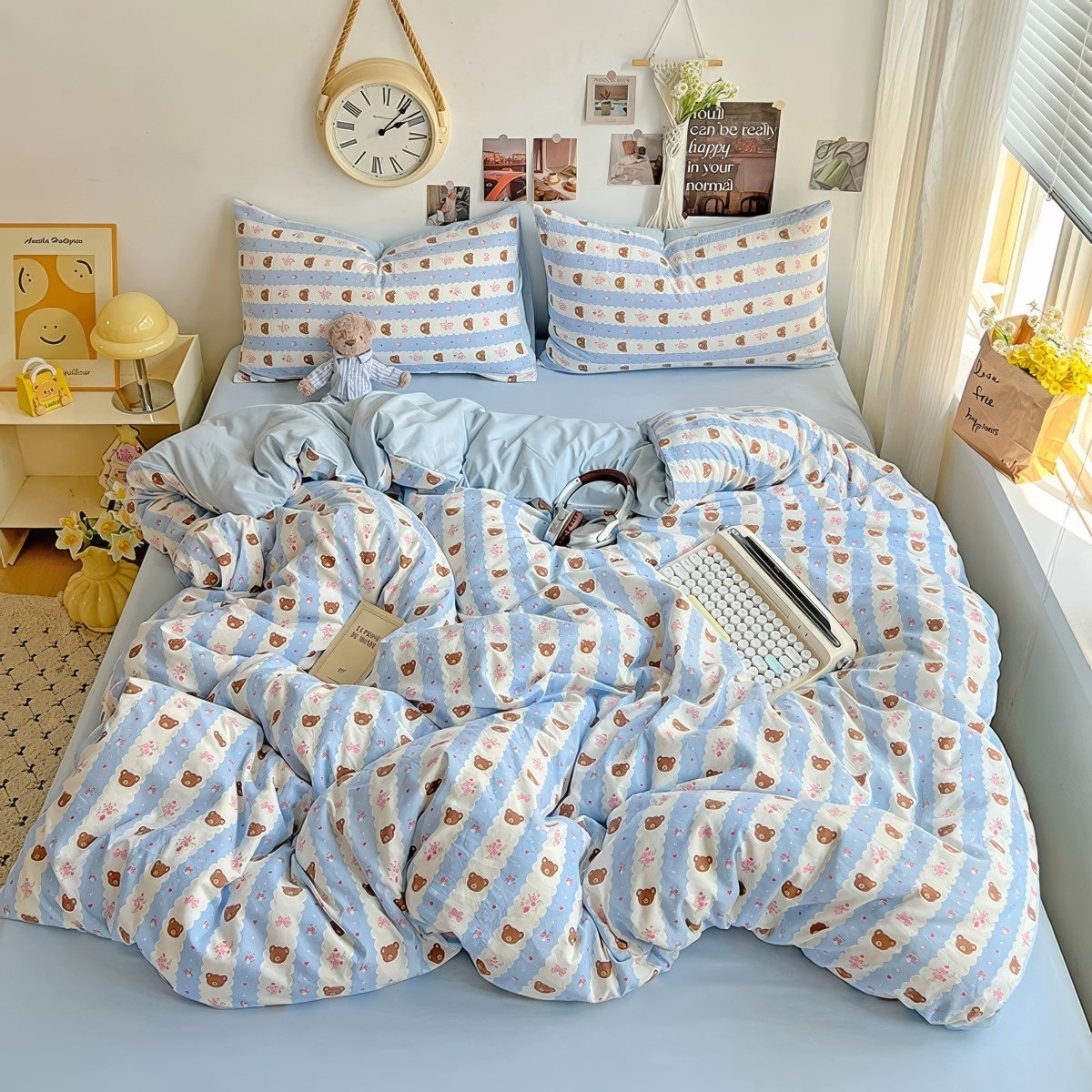 Teddy Sky Blue Striped Kwaii Bedding Set — Soft-Touch Cotton Duvet & Pillowcases — Lifestyle 1
