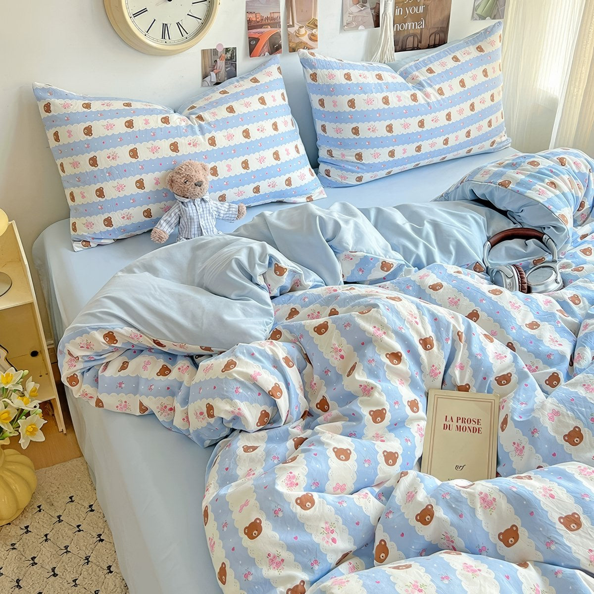 Teddy Sky Blue Striped Bedding Set — Soft Cotton-Blend Duvet Cover and Pillowcases — Lifestyle 2