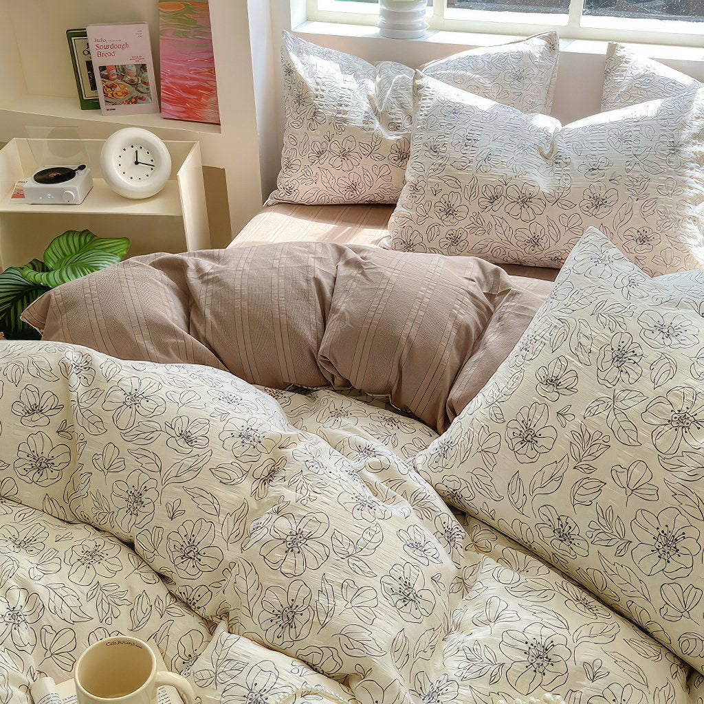 Thin Outline Floral Print Brown Shaded Bedding Set — Soft-Touch Cotton Duvet & Pillowcases — Lifestyle 4