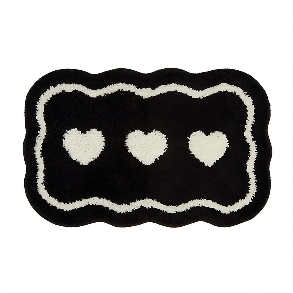 Three Hearts Black & White Tufted Rug — Soft Accent Rug for Bedroom Layering — Front view