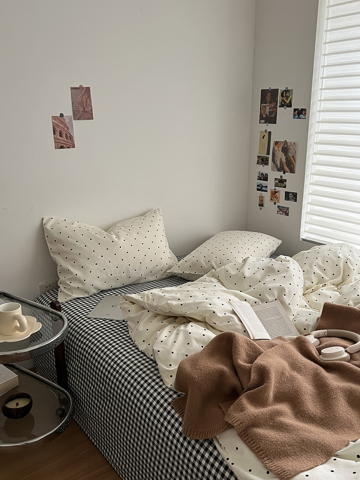 Polka Dot Bedding Set — Cream Cotton-Blend Duvet Cover with Gingham Sheet — Lifestyle 4