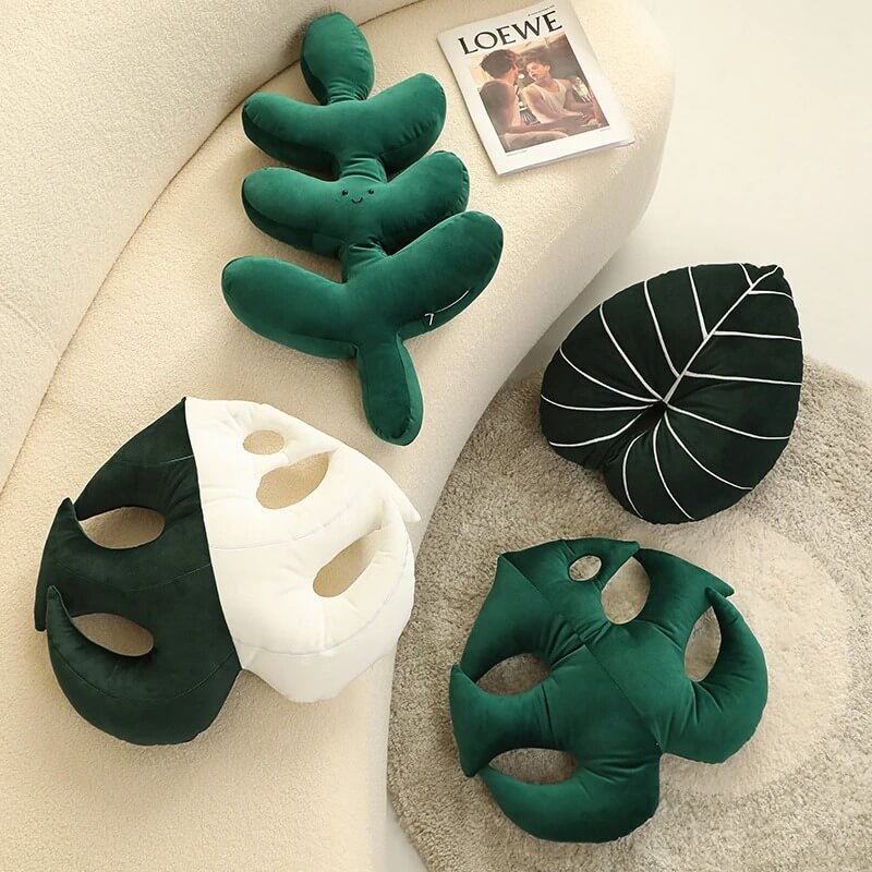 Tropical Leaf Plush Cushion — Sculpted Frond Pillow for Sofa Styling — Front view