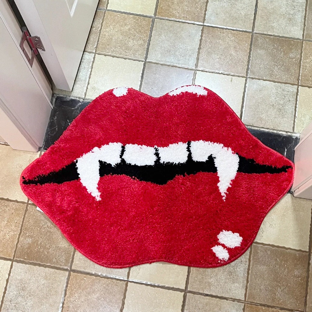 Red Vampire Lips Tufted Accent Rug — Soft Accent Rug for Bedroom Layering — Lifestyle 3