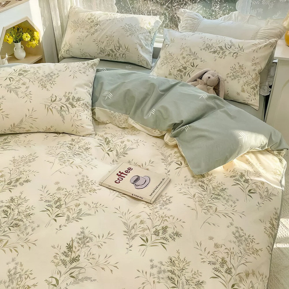 Vintage Pale Floral Print Bedding Set — Soft-Touch Cotton Duvet & Pillowcases — Front view