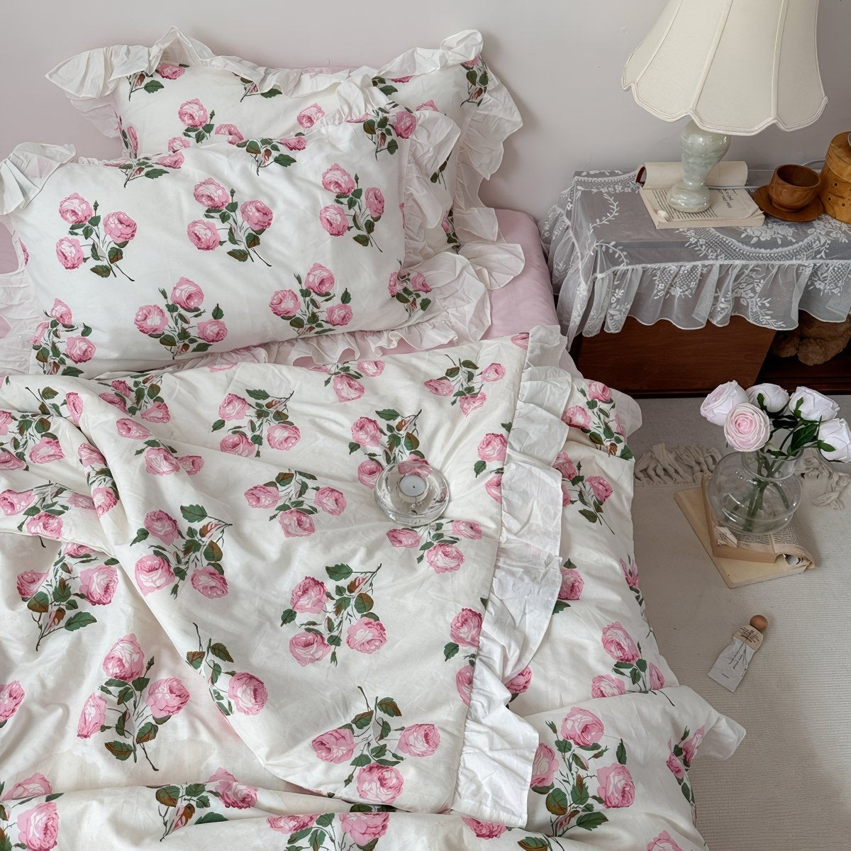 Vintage Pale Roses Summer Comforter Set — Soft-Touch Cotton Duvet & Pillowcases — Front view