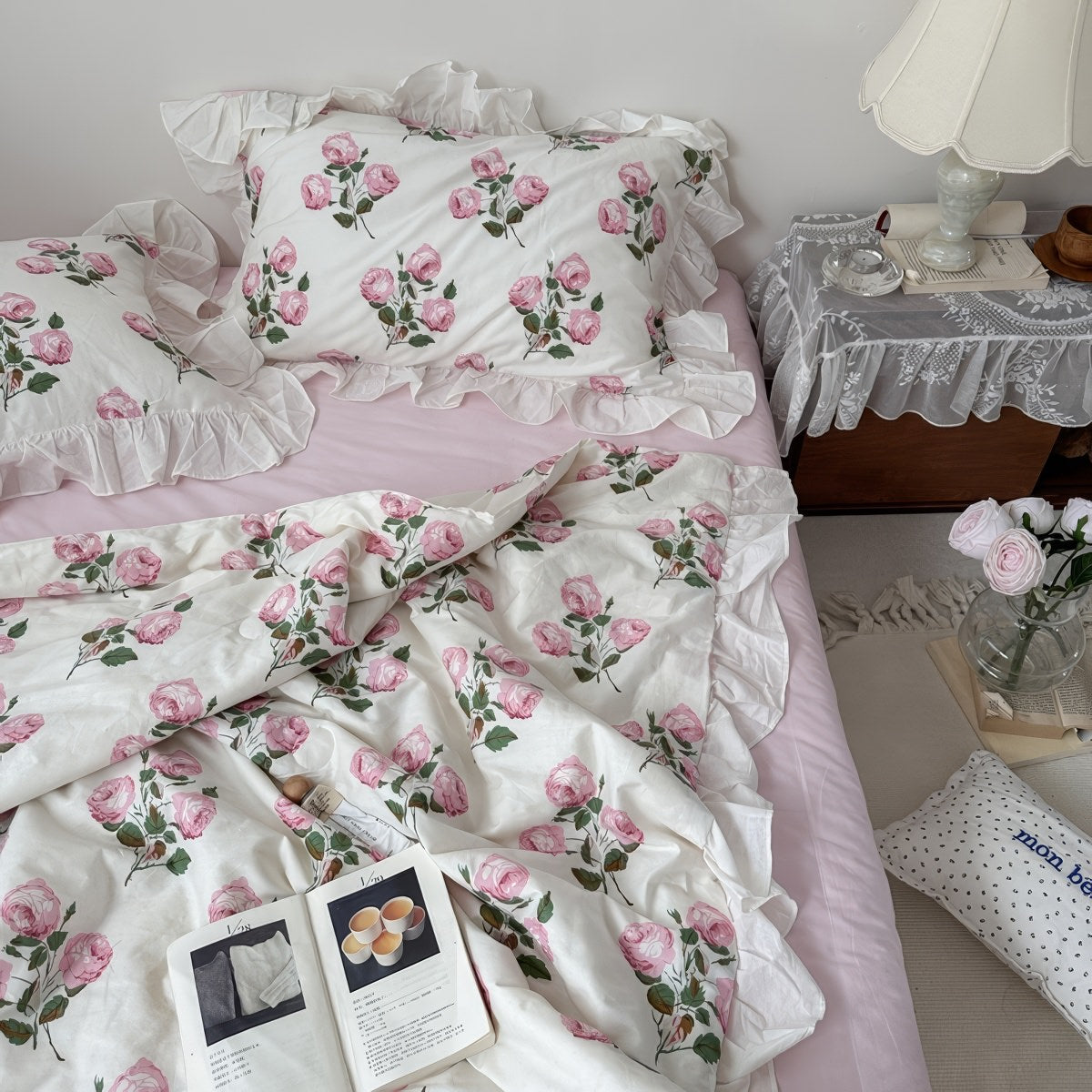 Vintage Pale Roses Summer Comforter Set — Soft-Touch Cotton Duvet & Pillowcases — Lifestyle 1