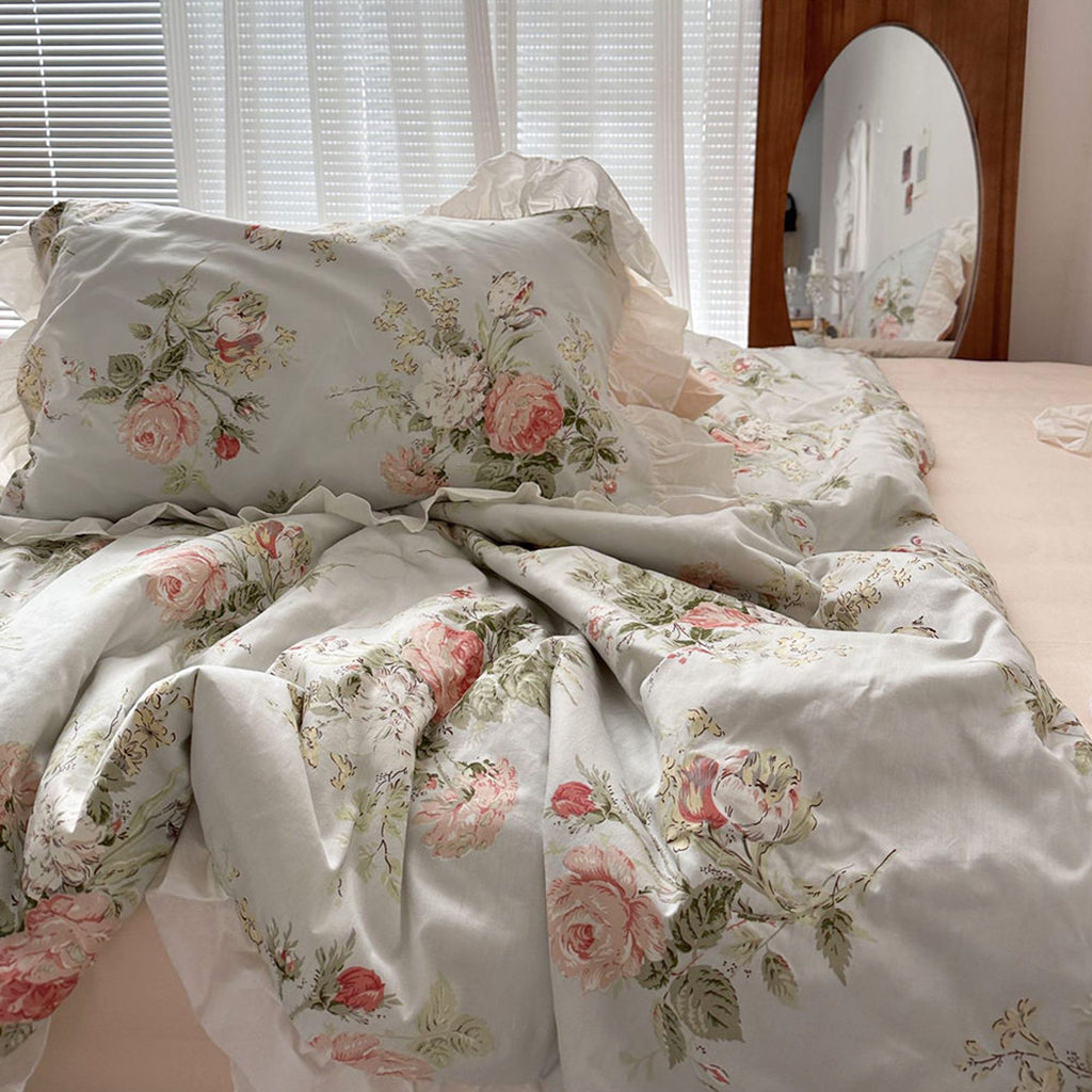 Vintage Sky Blue Cottage Roses Ruffle Summer Comforter Set — Soft-Touch Cotton Duvet & Pillowcases — Lifestyle 3