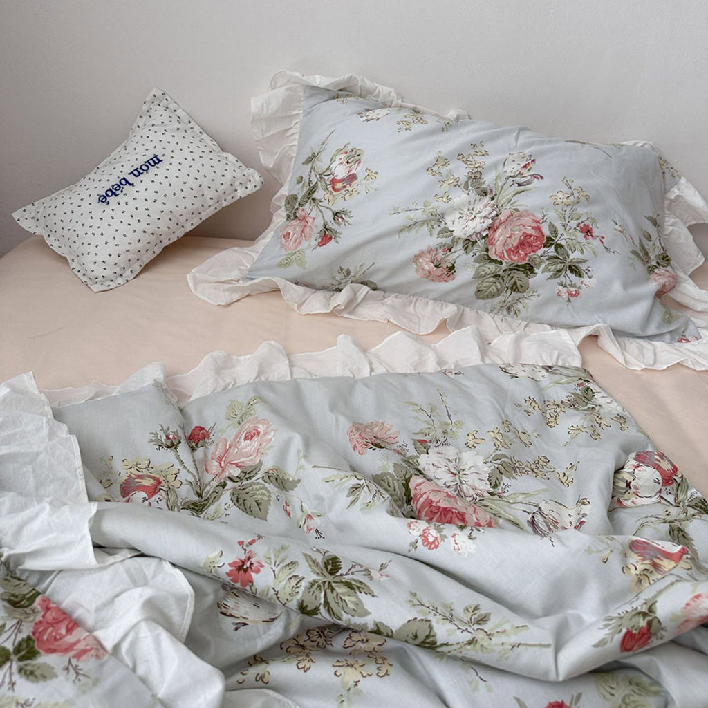 Vintage Sky Blue Cottage Roses Ruffle Summer Comforter Set — Soft-Touch Cotton Duvet & Pillowcases — Lifestyle 4