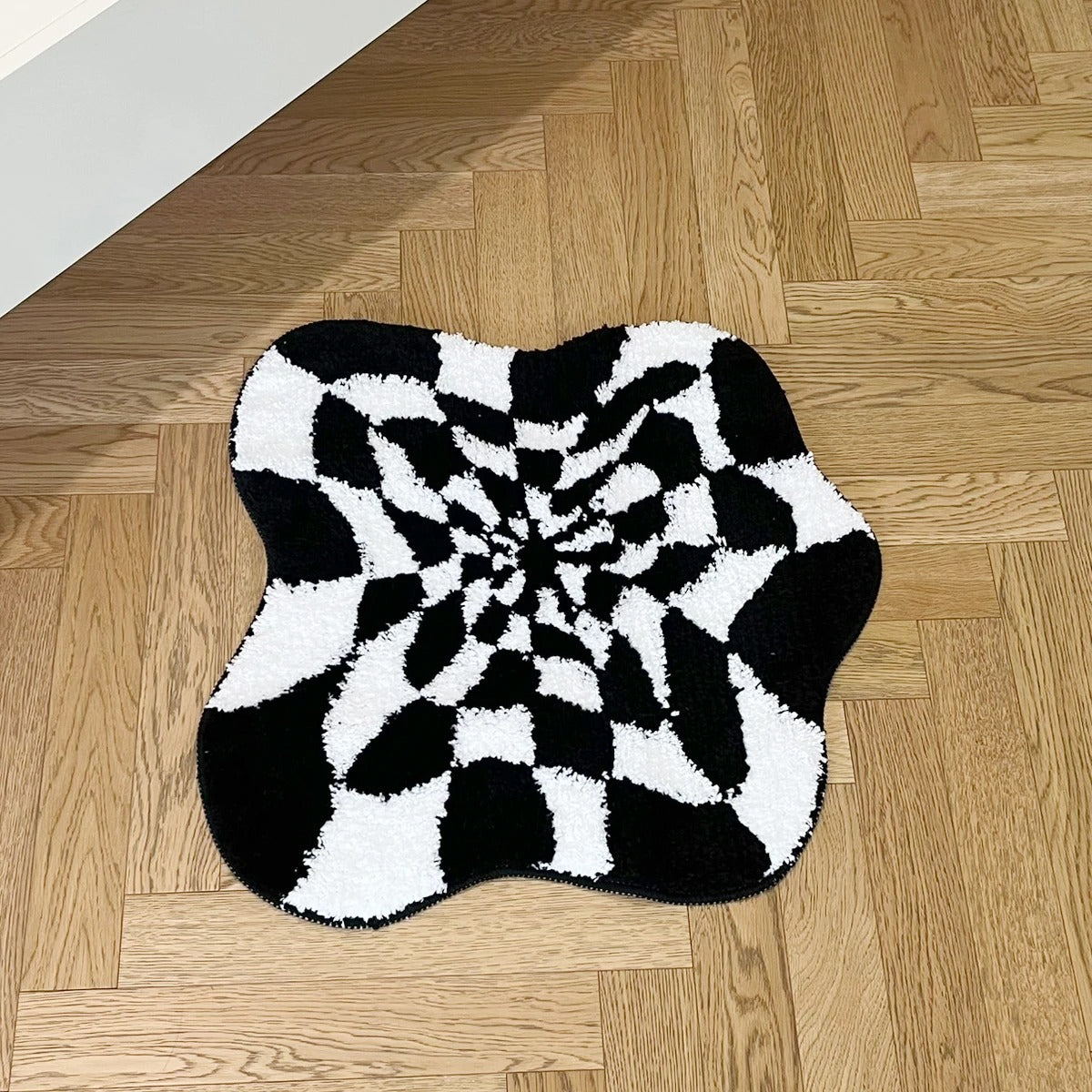 Wavy Checkered Black & White Optical Illusion Rug — Soft Accent Rug for Bedroom Layering — Lifestyle 2