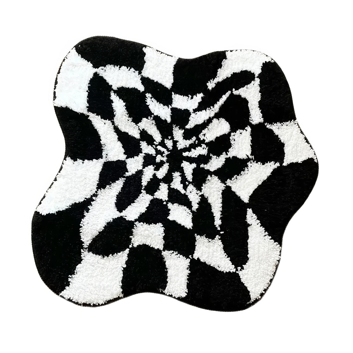 Wavy Checkered Black & White Optical Illusion Rug — Soft Accent Rug for Bedroom Layering — Front view