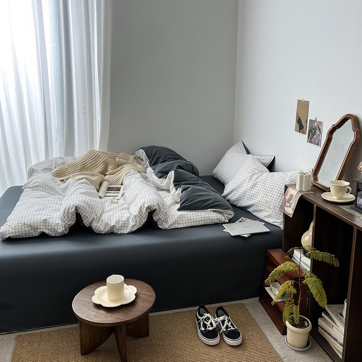 Minimalist White Grid Bedding Set — Soft-Touch Cotton Duvet & Pillowcases — Lifestyle 2