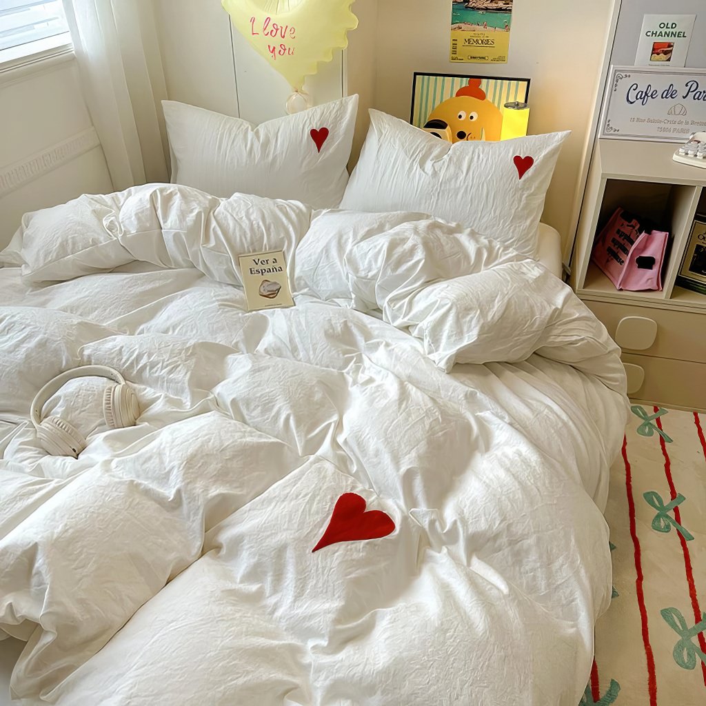 White Washed Cotton Bedding Set With Red Embroidered Heart — Lifestyle 3