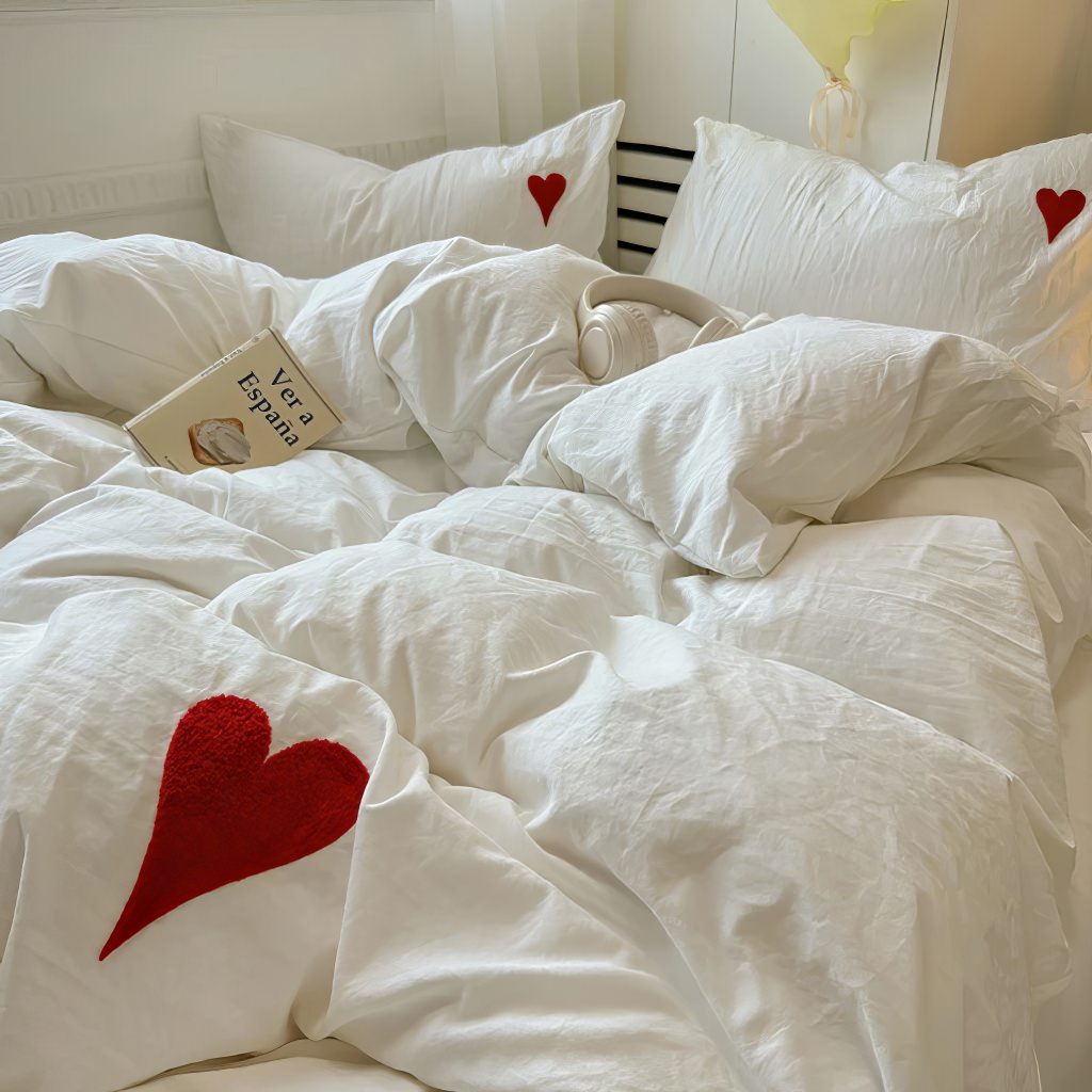 White Washed Cotton Bedding Set With Red Embroidered Heart — Lifestyle 4