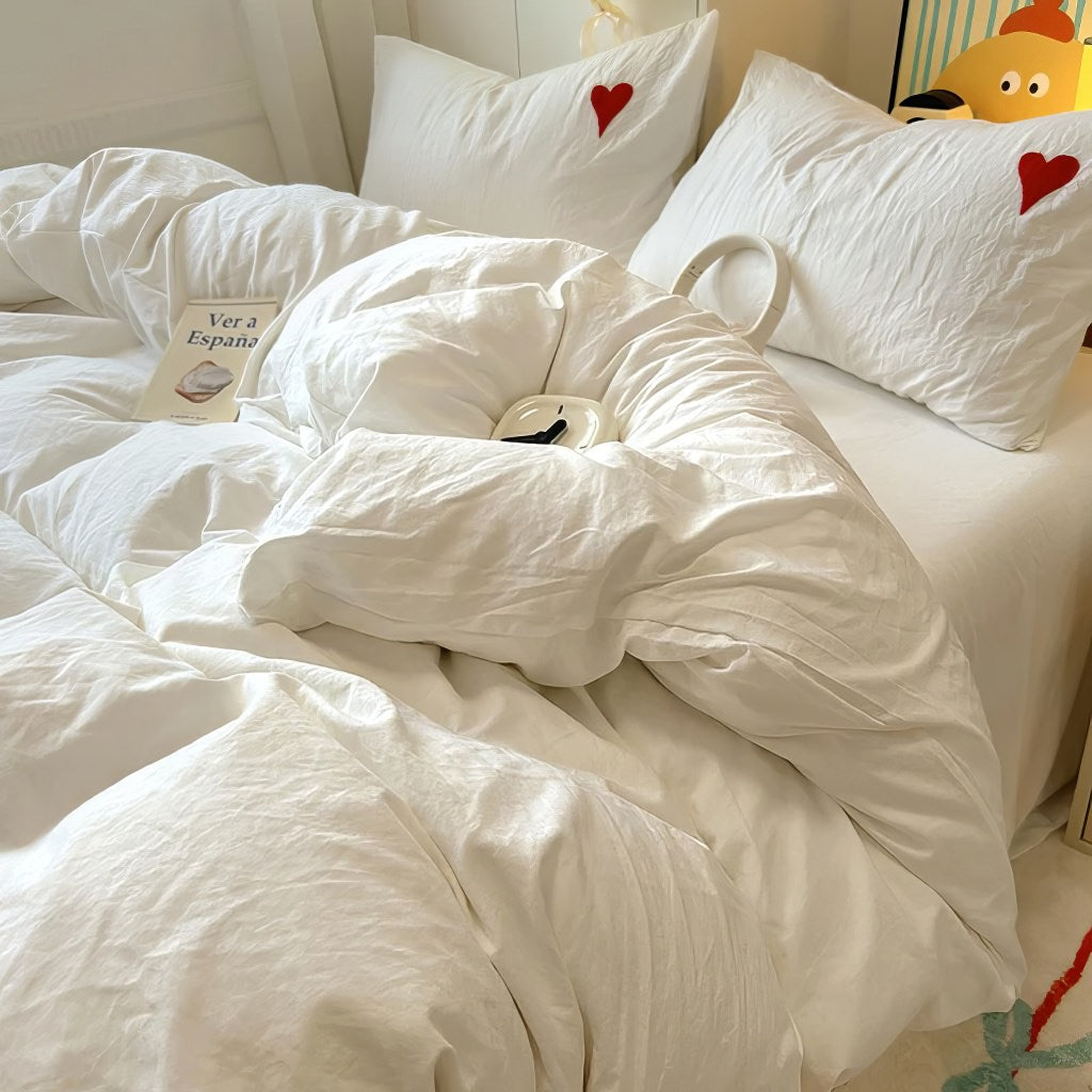 White Washed Cotton Bedding Set With Red Embroidered Heart — Lifestyle 5