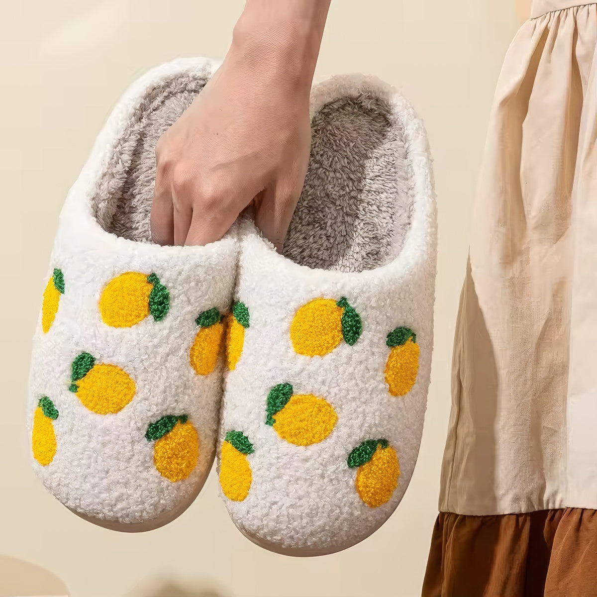Lemon Print Slippers — Soft Plush House Slippers for Indoor Lounging — Lifestyle 5