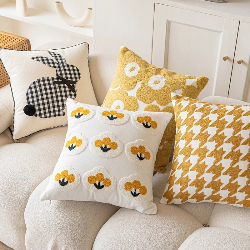 Yellow Themed Embroidered Cushion Cover — Soft Textured Pillow for Bedroom Layering — Front view