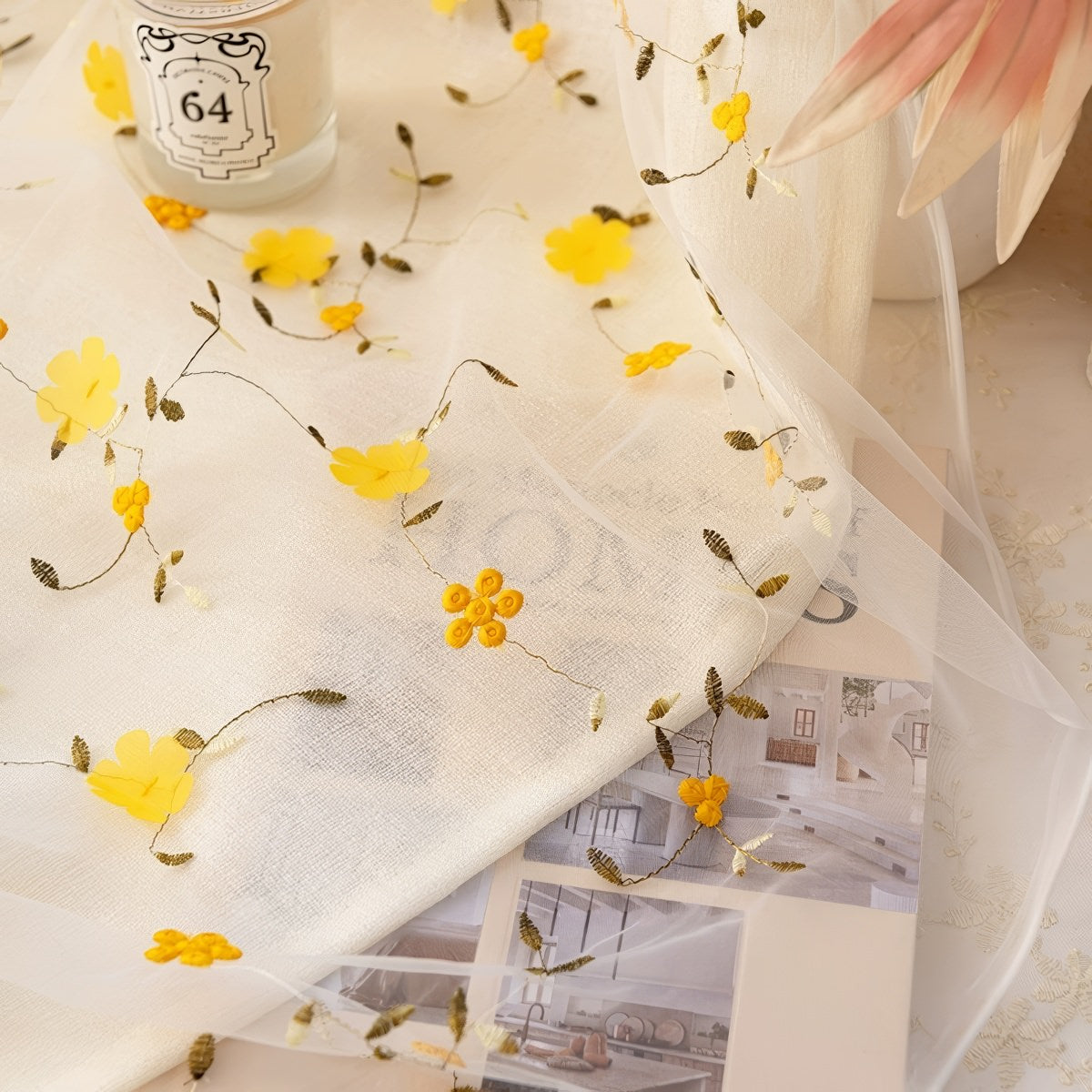 Yellow Wildflower Embroidered Sheer Curtain — Considered Home Styling — Detail