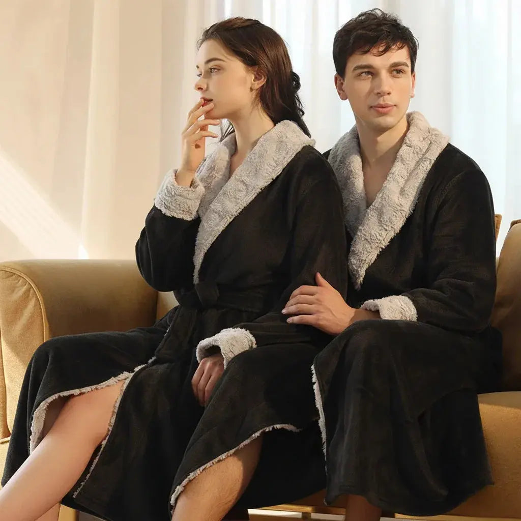 Couple's Flannel Fleece Bathrobes in Navy Blue, Black, Gray, Brown - Women's and Men's Sizes Available — Lifestyle 15