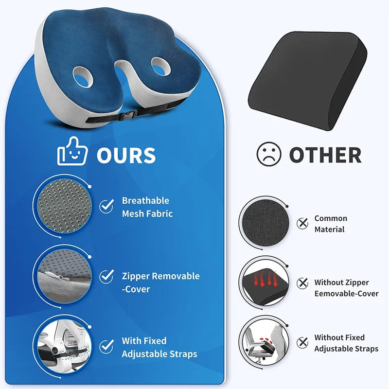 Ergonomic Adjustable Memory Foam Sit Bone Relief Seat Cushion for All-Day Comfort and Support