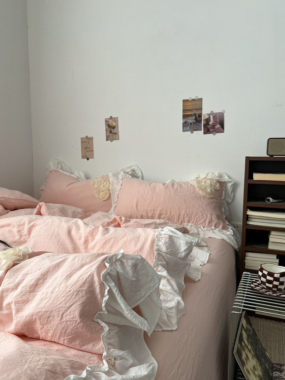 3D Rosette Ruffle Bedding Set — Washed-Cotton Duvet Cover with Floral Applique — Lifestyle 7