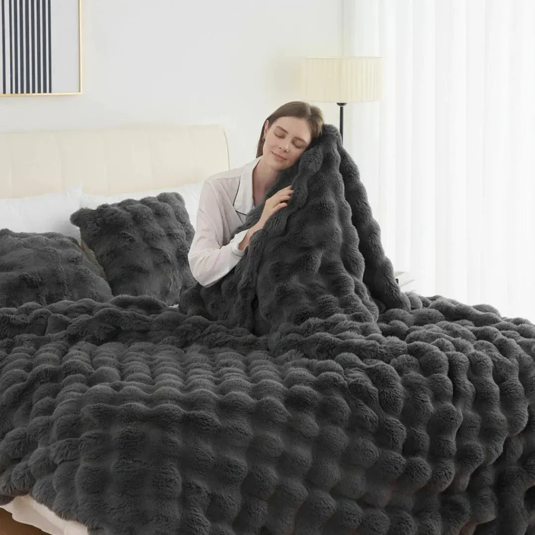 Luxurious Faux Rabbit Fleece Sleep Throw Blanket - Soft and Cozy - Available in Blue, Brown, Black, White - Multiple Sizes — 