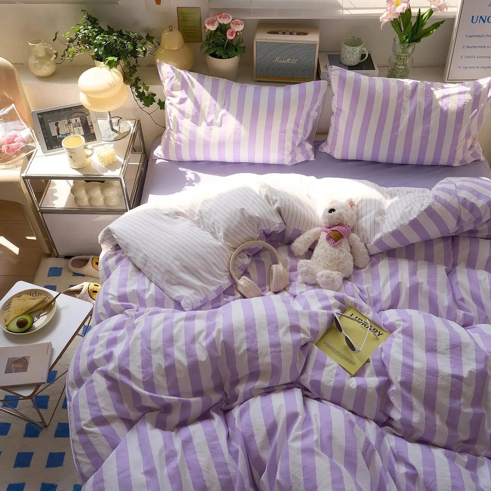 Cotton Crepe Striped Bedding Set - Available in Yellow, Green, Pink, Purple; Sizes 71x79" & 79x91" for Comfortable Sleep — Li