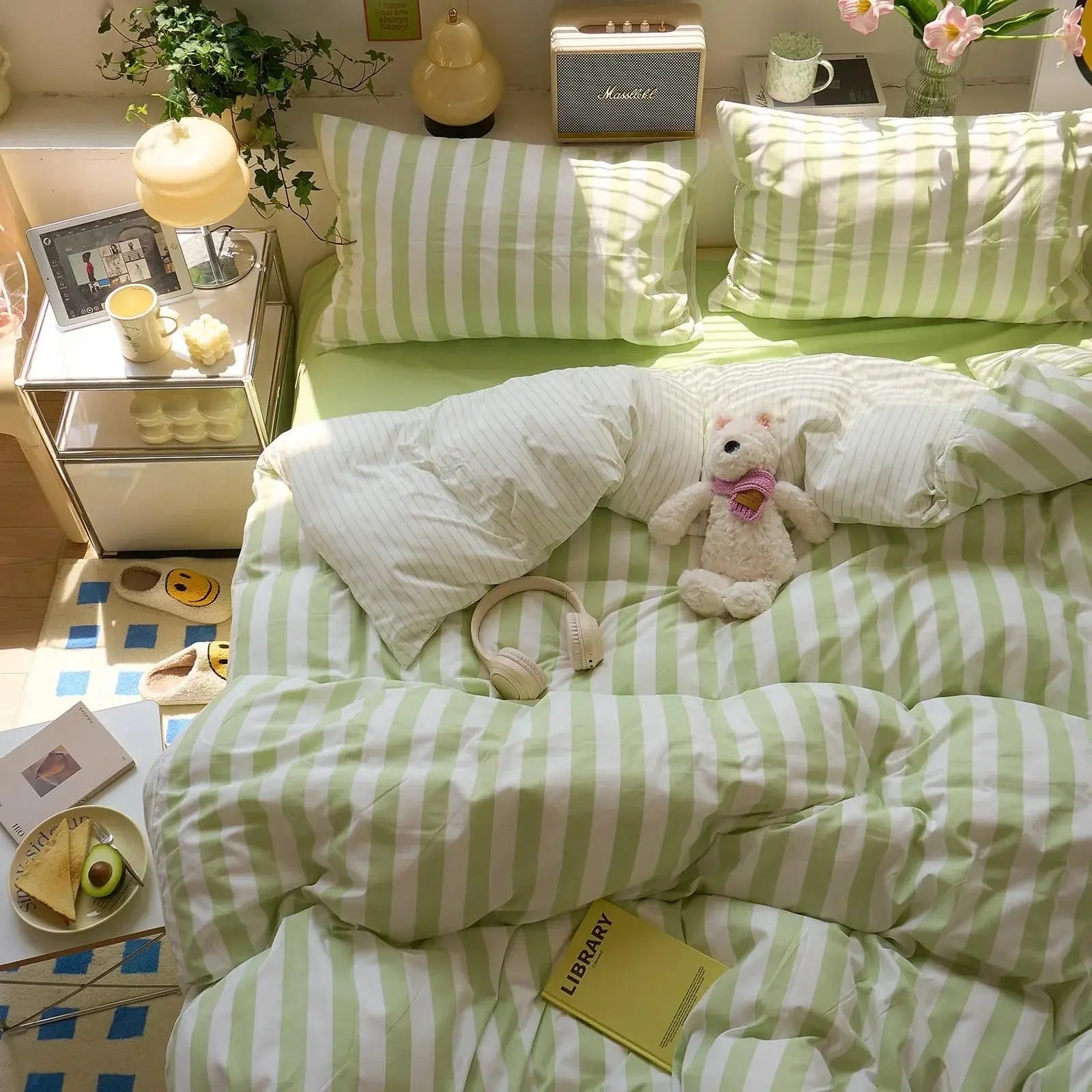 Cotton Crepe Striped Bedding Set - Available in Yellow, Green, Pink, Purple; Sizes 71x79" & 79x91" for Comfortable Sleep — Li