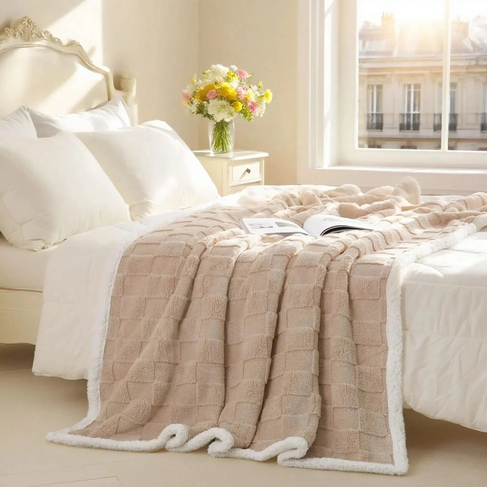 Sherpa Flannel Throw Blanket for Comfort and Warmth - Available in Pink, Beige, Grey, White; Sizes: Single, Double — Lifestyl